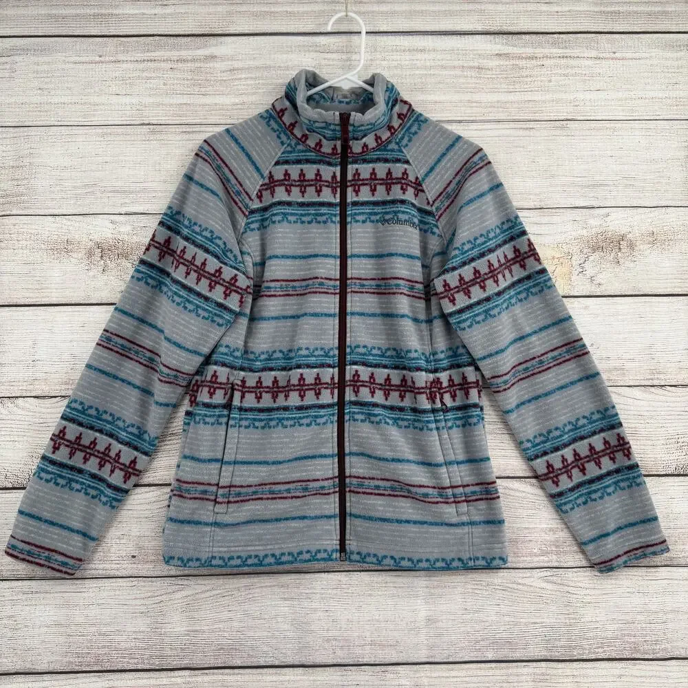Columbia Jacket Womens Medium Gray Blue Red Fleece Full Zip Aztec Print Outdoors